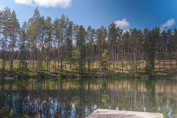 Fototapeta premium Fishing rod spinning with a line closeup. Fishing rod in the fishing rod holder on the pier. Sweden. selective focus. long exposure