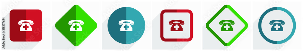 Aufkleber Emergency call, phone icon set, flat design vector illustration in 6 options for webdesign and mobile applications in eps 10