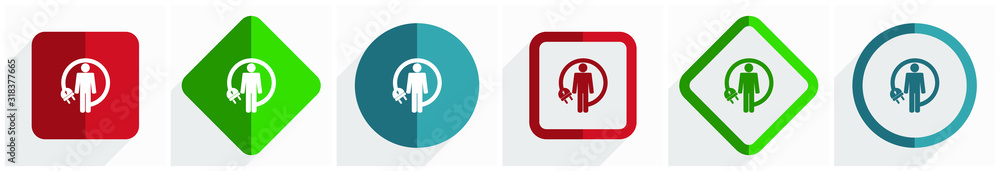Poster Android charging wire, humanoid robot icon set, flat design vector illustration in 6 options for webdesign and mobile applications in eps 10