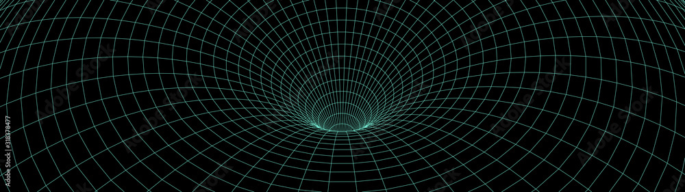 Poster vortex. vector perspective curved grid. wireframe abstract tunnel. 3d vector wormhole with a mesh st