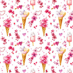 Watercolor seamless pattern for Valentine's day. Sweets, ice-cream, flowers and hearts on white background.