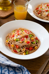 Delicious vegan pasta salad with tahini dressing. Noodles with quinoa or whole wheat pasta.