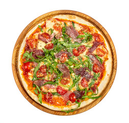 Classic thin pizza with mozzarella, jamon, tomato sause and arugula on a white background