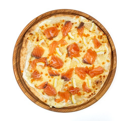 Classic thin pizza with mozzarella, salmon and lemon slices on a white background