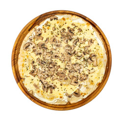 Classic thin pizza with mozzarella, feta and mushrooms  on a white background
