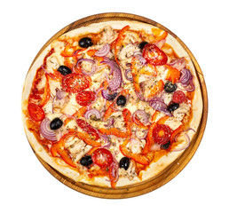 Classic thin pizza with mozarella, pepper, chicken, onion and tomatoes on white background