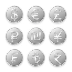 Silver coins with symbols of top world currencies