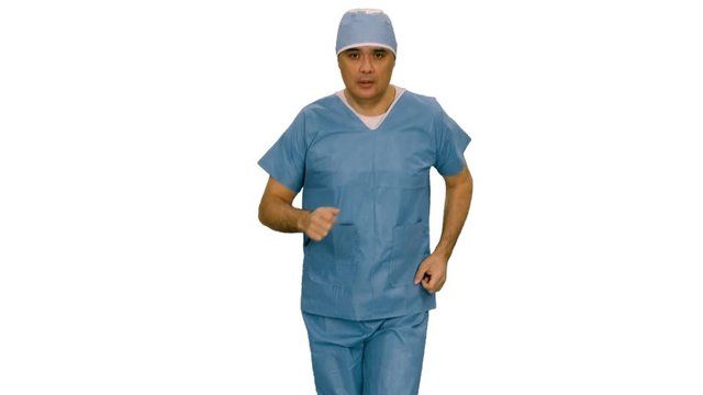 Male surgeon in uniform running to operating room, Full HD footage with alpha transparency channel isolated on white background