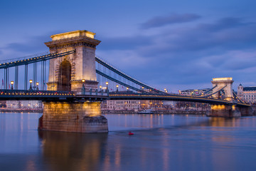 Twilight over Chain Bridge, Budapest (Hungary) in February 2013.