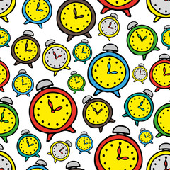 Bright multi-colored alarm clocks on a white background. Seamless pattern. Vector hand drawing. Front view. Texture.
