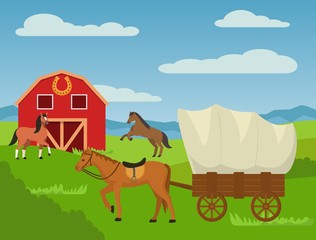 Horses at country animal ranch farm, horse harnessed to cart wagon carriage vector illustration. Barn house, rural nature outdoor agricultural horse breeding farming grass field landscape.