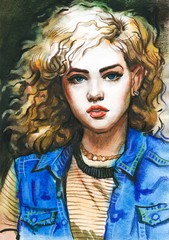 Watercolor illustration of beautiful young woman. Hand drawn portrait of girl. fashion illustration in modern style
