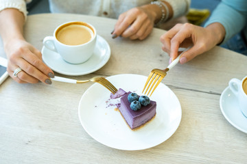 Hands of young friendly women with forks taking piece of tasty blueberry cake