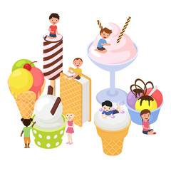 Big ice cream and happy children mini boys, girls climbing on it, vector illustration isolated. Various ice cream food frozen dessert vanilla, fruits and berries flavour, in waffle and cone.