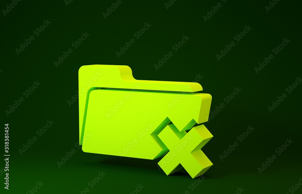 Poster yellow delete folder icon isolated on green background. folder with recycle bin. delete or error fol