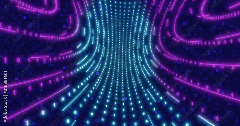 Poster neon circle background with data tunnel. fluorescent ultraviolet lights ed animation . virtual reali