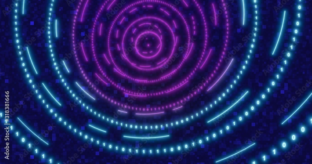 Poster neon circle background with data tunnel. fluorescent ultraviolet lights ed animation . virtual reali