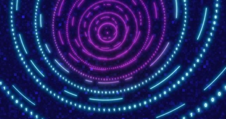 Neon Circle background with data tunnel. Fluorescent Ultraviolet lights ed animation . Virtual reality future design 3d render. Technology design.