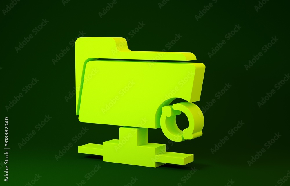 Poster yellow ftp sync refresh icon isolated on green background. software update, transfer protocol, route