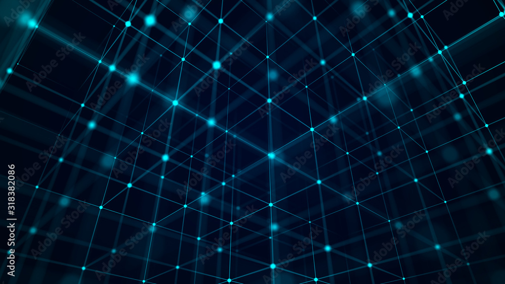 Aufkleber Abstract background with interweaving of colored lines and dots. Network connection structure. Big data visualization.
