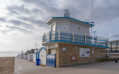 Langrune-Sur-Mer, France - 08 16 2019: Lifeguard station at sunrise