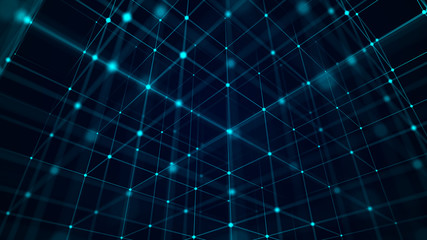 Fototapeta premium Abstract background with interweaving of colored lines and dots. Network connection structure. Big data visualization.