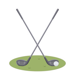 Two beautiful crossed Golf clubs and a ball on cute green grass court isolated on white background.Sports equipment for golfing. Inventory for golfers.Vector flat illustration