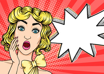 Shocked woman face with hand and open mouth with thinking cloud for your message, vector illustration of surprised girl in pop art retro comic style
