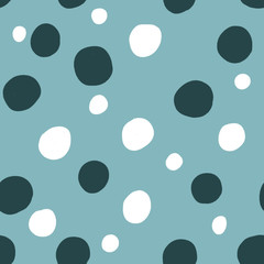 Hand drawn blue and white dots - ornament. Abstract spots - seamless pattern. Polka dots design for card, banner, design, clothes, poster, wallpaper, textile, notebook, cover etc.