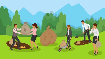 Banking, financial business, growing income, money savings concept vector illustration. Business people team dig money out of ground with shovel, carry bags of coins on wheelbarrow.