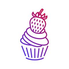 Cute cupcake with a strawberry icon in trendy violet color gradient. isolated on white background. Vector illustration.