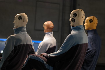 Crash test dummies for car crashes. Automobile safety test dummies