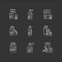 Hair loss chalk white icons set on black background. Medicament for alopecia. Vitamin supplements to help hair thinning. Medical pills, spray for baldness. Isolated vector chalkboard illustrations