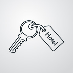 Concepto de vacaciones y viajes. Icono plano lineal llave de hotel en fondo gris