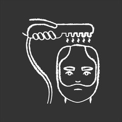 Alopecia treatment chalk white icon on black background. Help with male baldness. Laser therapy. Professional dermatology aid, medical procedure. H Isolated vector chalkboard illustration