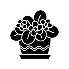 African violet black glyph icon. Blooming Saintpaulia. Indoor plant with pink flowers. Decorative flowering houseplant. Home decor. Silhouette symbol on white space. Vector isolated illustration