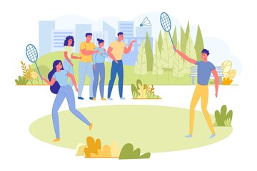 Couple Play Badminton with Rackets on Fresh Air.