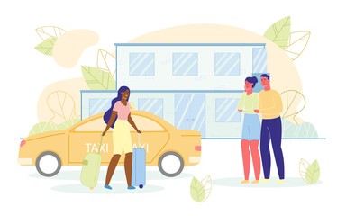 Young Woman with Luggage Going to Cheerful Couple.