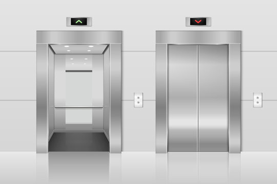 Vector 3d Realistic Blank Empty Opened and Closed Steel, Chrome, Silver Metal Office Building Lift Elevator Doors with Buttons on Gray Wall. Floor interior mockup. Business Concept. Front View