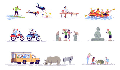 Indonesia tourism flat doodle illustrations set. Water activities. Rafting, surfing. Monkey forest. Safari trip. Summer vacation. Exotic country. 2D cartoon character with outline for commercial use