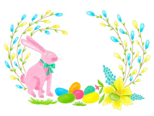 Easter frame with rabbit, colorful eggs and willow branches.