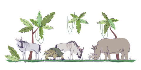 Indonesian wildlife flat doodle illustration. Wild animals in natural habitat. Tropical forest. Rainforest life. Exotic country. Indonesia tourism 2D cartoon character with outline for commercial use