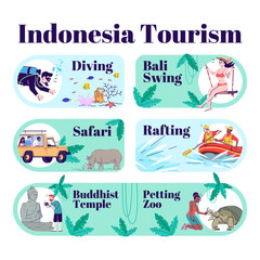 Indonesia tourism vector infographic template. Safari, diving, rafting. Petting zoo. Temple. Poster, booklet page concept design with flat illustrations. Advertising flyer, leaflet, info banner idea