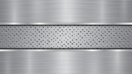 Background in silver and gray colors, consisting of a perforated metallic surface with holes and two horizontal polished plates located above and below, with a metal texture, glares and shiny edges