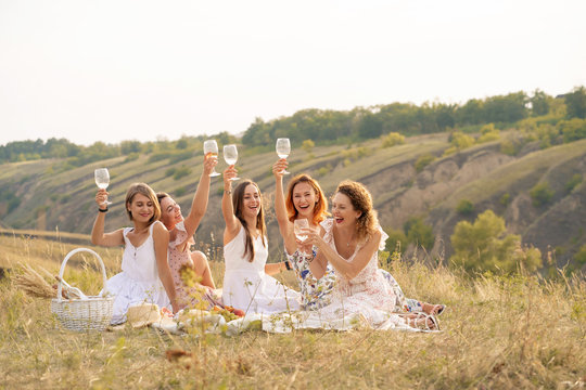 The company of female friends having fun and enjoys a summer green hlls picnic and raise glasses with wine. People concept.