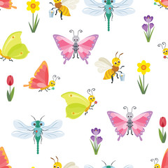 Seamless pattern with colored butterflies, bees, dragonflies and spring flowers on a white background. Vector illustration of cute winged flying insects. Cartoon flat style. Children's characters.