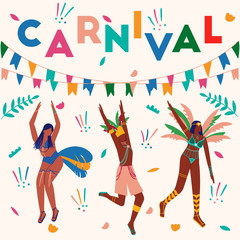 Postcard with dancing people in carnival costumes. Card for carnival in Brazil. Abstract memphis background. Concept of festival, party.Design element for banner, poster, card.Flat vector illustration