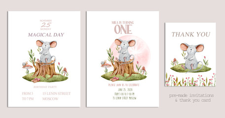 Birthday Anniversary invitation cards with funny cartoon character. Cute lovely mouse sitting on a stump. Birthday baby party Invitation Card Template
