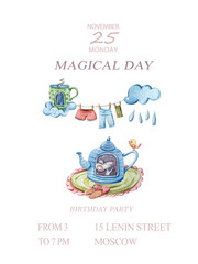 Birthday Anniversary invitation cards with funny cartoon character. Cute lovely mouse sitting in the tea pot. Birthday baby party Invitation Card Template