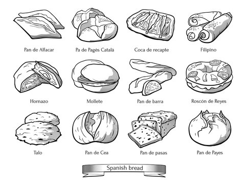 Collection of traditional Spanish types of bread. Hand drawn sketch in doodle style.